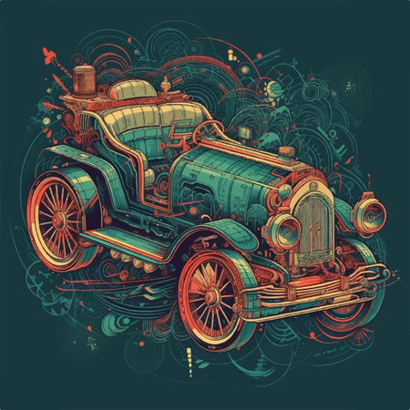 vintage car summer beach poster illustrationのイラスト素材