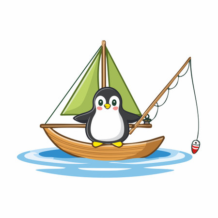 Cute penguin fishing from a small boat floating on calm blue ocean waves illustrationのイラスト素材