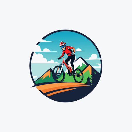 Mountain biker riding uphill trail with scenic mountain peaks and colorful sky illustrationのイラスト素材
