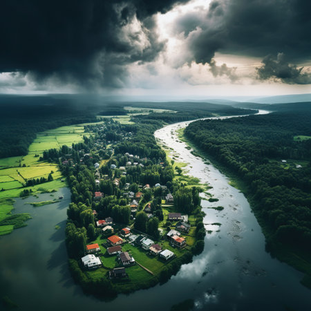 Aerial view of small village on the banks of the river.の素材