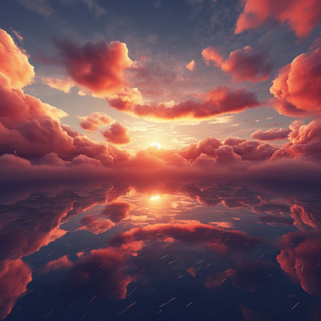 beautiful sunset with clouds reflected in the water, 3d renderの素材