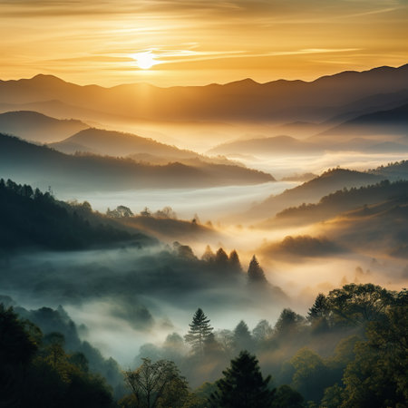 Sunrise over the misty mountains in the morning. Nature backgroundの素材