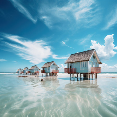 Beautiful beach huts at Maldives at low tide with blue skyの素材