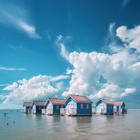 Beach huts in the sea with blue sky and white cloudsの素材