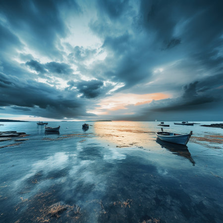 Fishing boats in the sea at sunset. Dramatic sky.の素材