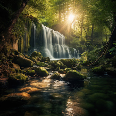 Beautiful waterfall in the forest at sunrise. Long exposure photo.の素材