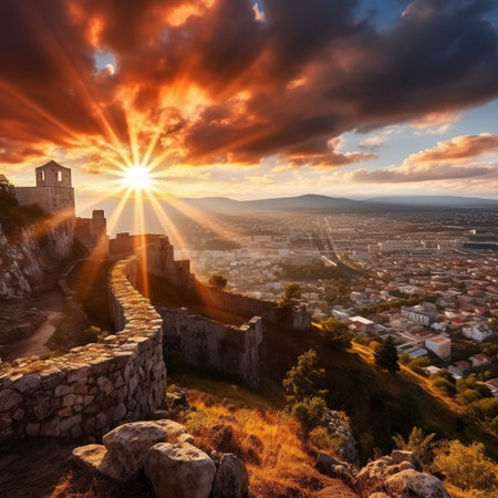 Sunset over the city of Veliko Tarnovo, Bulgariaの素材