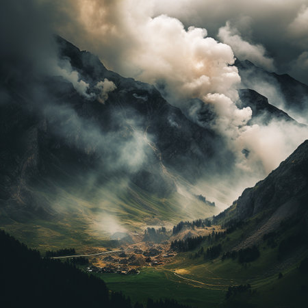 Mountain landscape with fog and clouds. Dolomites, Italyの素材
