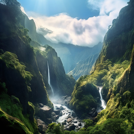Beautiful view of a waterfall in the middle of the mountains.の素材