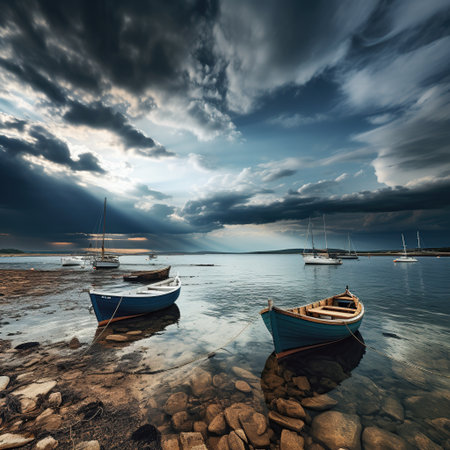 Fishing boats on the shore of the Baltic Sea at sunset.の素材