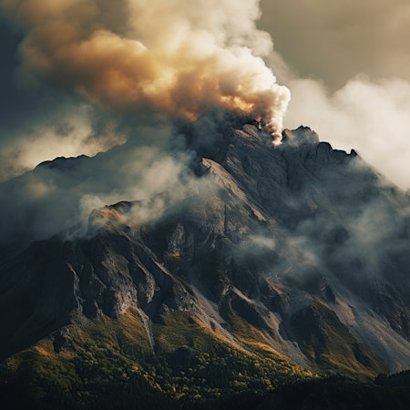 Smoke rising from a volcano in the mountains. Caucasus, Russiaの素材