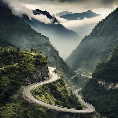 Mountain serpentine road in the clouds. Chengde, Hebei Province, China.の素材