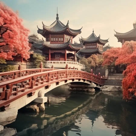 Chinese traditional style pavilion and bridge in Hangzhou, China.の素材