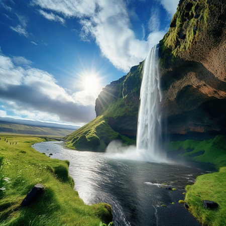 Seljalandsfoss waterfall in Iceland, Europe. 3d renderの素材
