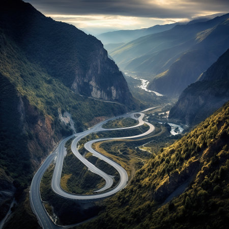 Aerial view of winding mountain road in Himalayas, Nepalの素材