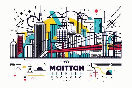 Colorful abstract city illustration with tall buildings, bridge, and geometric elements in modern line artのイラスト素材
