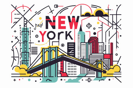 Abstract modern cityscape with bridge and colorful skyline in geometric line art styleのイラスト素材