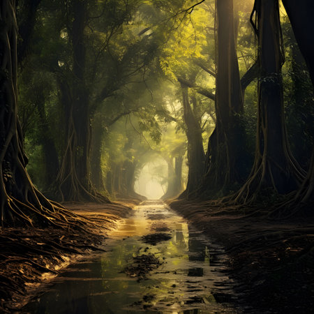 Autumn forest in the rays of the rising sun. 3d renderの素材