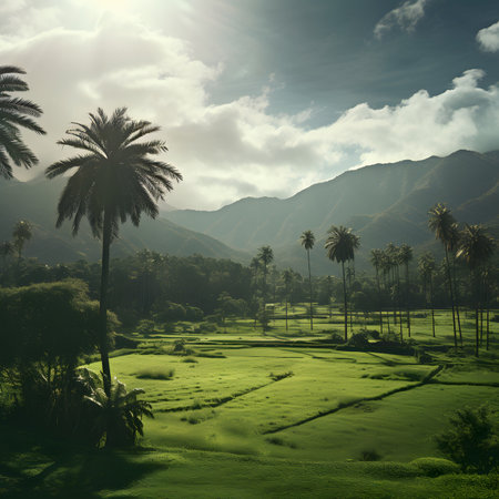 Palm trees and rice fields in the morning, Bali, Indonesiaの素材