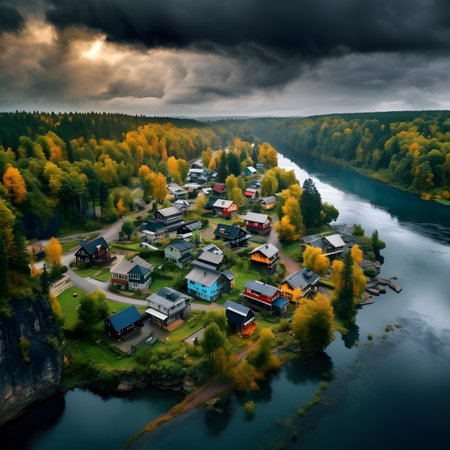 Aerial view of small village on the bank of the river.の素材