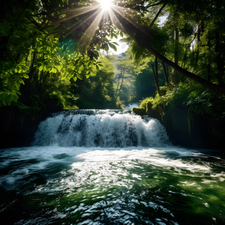 Mysterious dark forest with flowing river and reflection in water.の素材