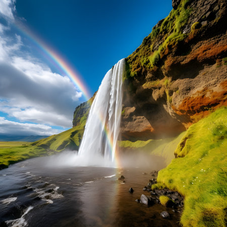 Seljalandsfoss waterfall in Iceland with rainbow and dramatic skyの素材