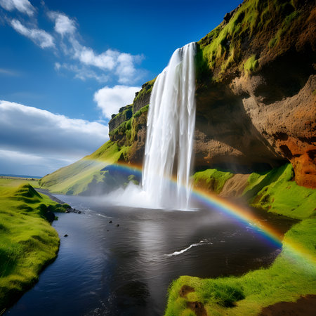 Seljalandsfoss waterfall in Iceland, Europe with rainbowの素材
