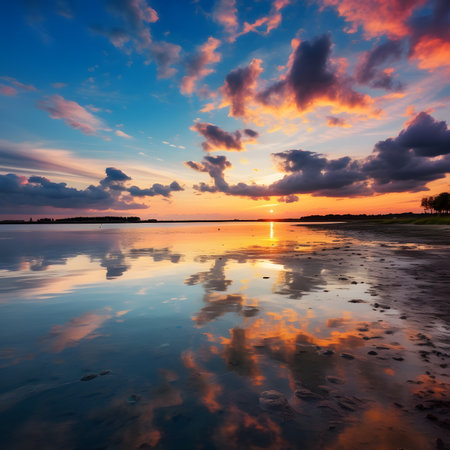 Beautiful sunset over the sea. Colorful sky with clouds reflected in the water.の素材