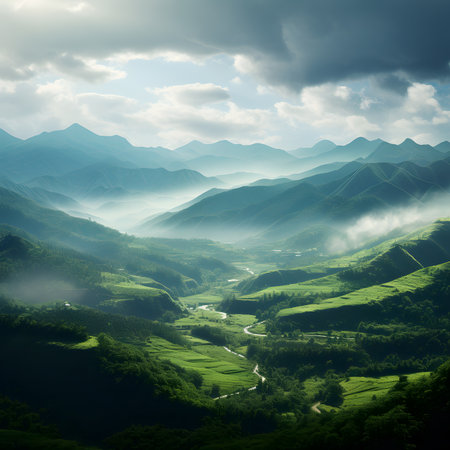 Beautiful landscape of green hills and valley in the mountains at sunsetの素材