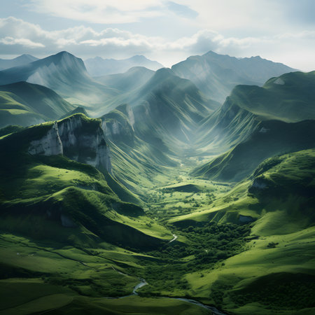 Beautiful fantasy landscape with mountains and valley. Computer collage.の素材