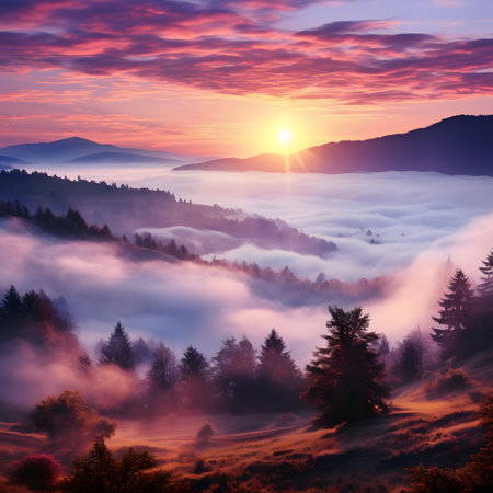 Foggy sunrise in the mountains landscape. Carpathian, Ukraineの素材