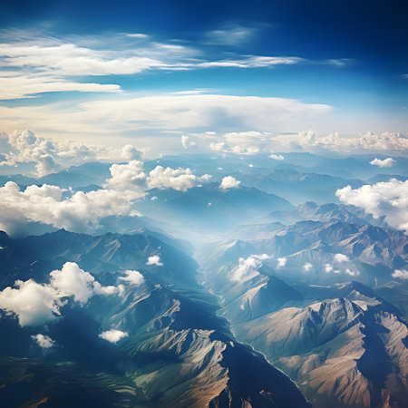 Aerial view of mountains and clouds. Beautiful landscape with blue skyの素材
