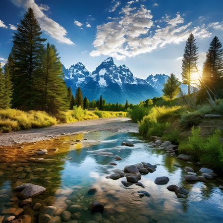 Mountain landscape with river and coniferous forest at sunset.の素材