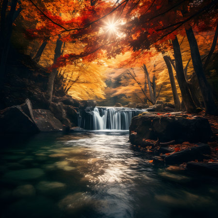 Beautiful waterfall in the autumn forest. Nature background. 3d renderingの素材