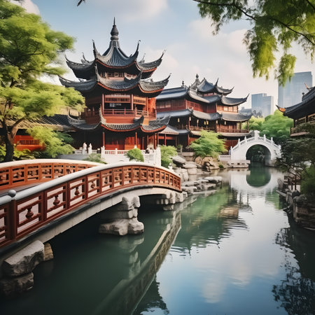 chinese traditional architecture in china with pond and bridge over waterの素材