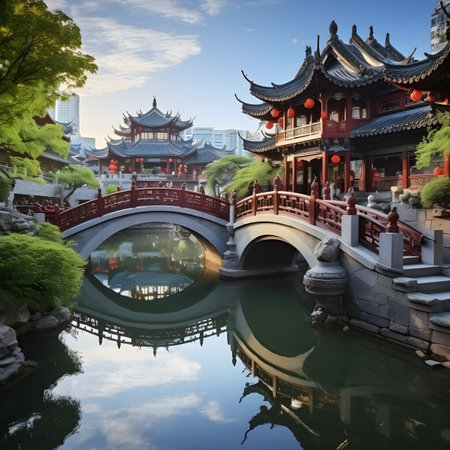 Beautiful Chinese temple with pond and bridge in the evening, Chinaの素材
