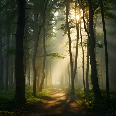 Mysterious foggy forest with sun rays shining through the treesの素材