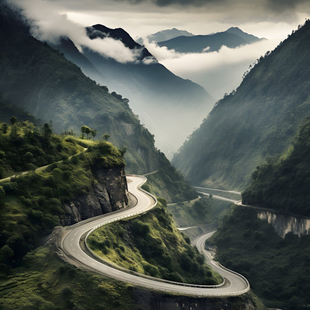 Winding road in the mountains at sunset. Shot in China.の素材