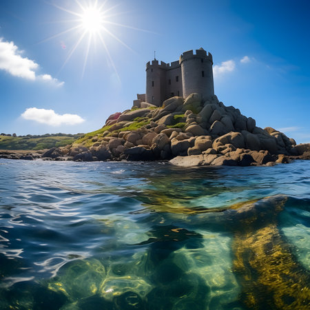 Beautiful view of the ruins of a medieval castle on a rocky island in the seaの素材