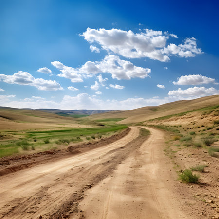 Dirt road in the steppe on a background of blue skyの素材