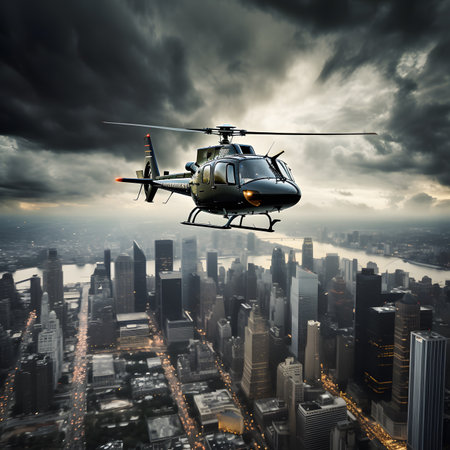 Helicopter flying over New York City. 3D Renderingの素材