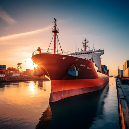Large cargo ship in harbor at sunset, Odessa, Ukraine.の素材