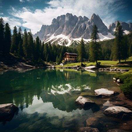 Idyllic alpine lake in Dolomites mountains, Italyの素材