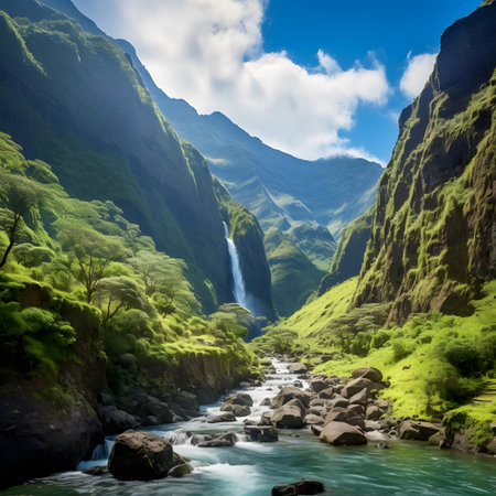 Waterfall in a green valley in the Azores, Portugal.の素材