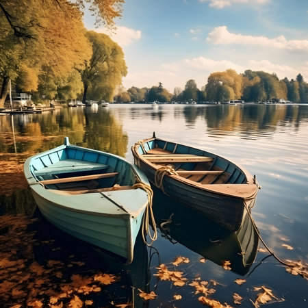 Beautiful autumn landscape with boats on the lake in the park.の素材
