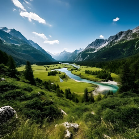 Mountain landscape with a lake in the middle of the valley.の素材
