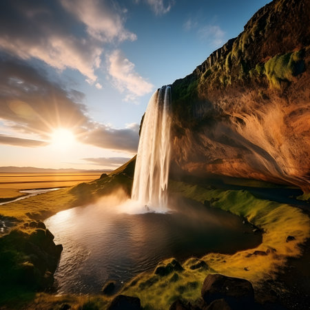 Seljalandsfoss waterfall at sunset, Iceland, Europeの素材