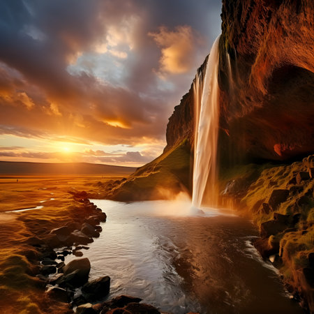 Famous Seljalandsfoss waterfall at sunset, Icelandの素材