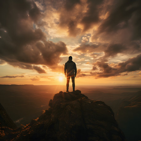 Man with backpack standing on the edge of a cliff and looking into the distanceの素材