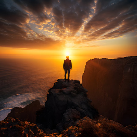 Man standing on the edge of cliff and looking at the sunset.の素材